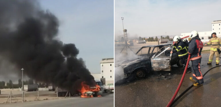 Kızıltepe’de alev alan otomobil yandı