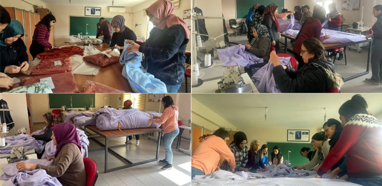 Kızıltepe Hanımeli kadın merkezinde depremzedeler için üretime devam ediliyor