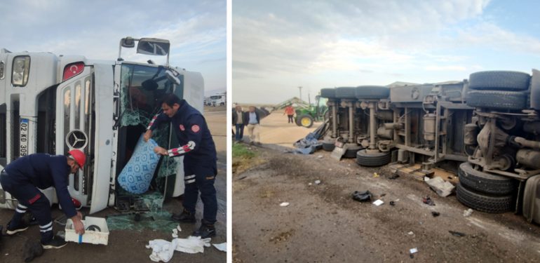 İpek yolunda buğday yüklü TIR devrildi: 1 Yaralı