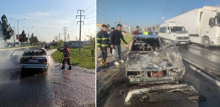 Mardin yolunda alev alan otomobil kullanılamaz hale geldi